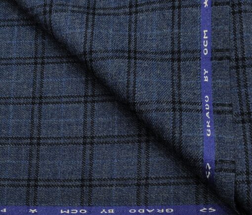 OCM Men's Wool Checks Thick Unstitched Tweed Jacketing & Blazer Fabric (Blue)