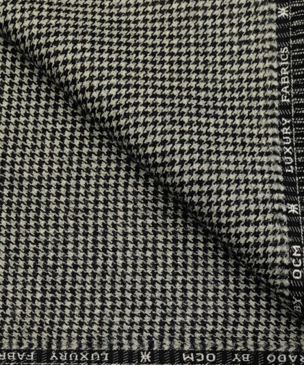 OCM Men's Wool Houndstooth Thick Reversible Unstitched Tweed Jacketing & Blazer Fabric (White & Black)