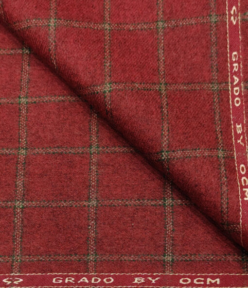 OCM Men's Wool Checks Thick & Soft 2 Meter Unstitched Tweed Jacketing & Blazer Fabric (Red)