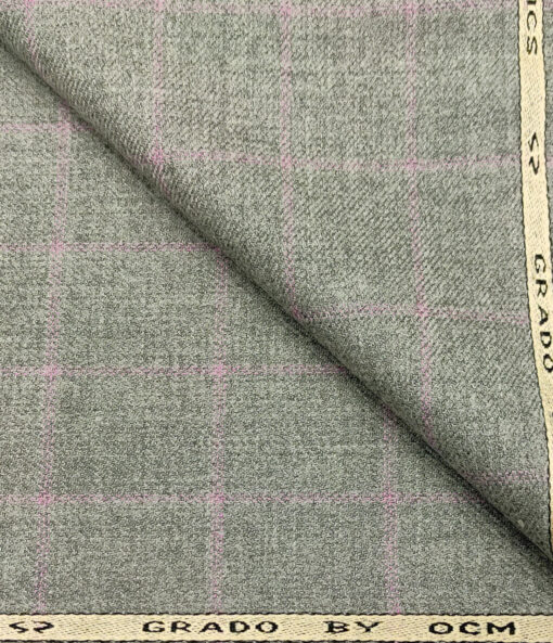 OCM Men's Wool Checks Medium & Soft 2 Meter Unstitched Tweed Jacketing & Blazer Fabric (Light Grey)