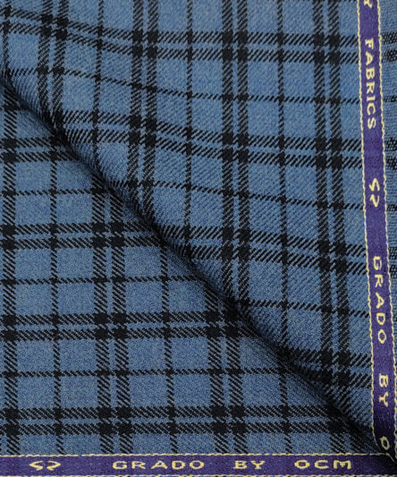 OCM Men's Wool Checks Medium & Soft 2 Meter Unstitched Tweed Jacketing & Blazer Fabric (Blue & Black)