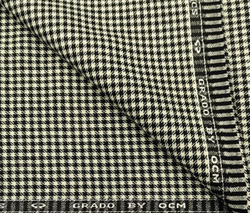 OCM Men's Wool Houndstooth Fine & Soft 2 Meter Unstitched Tweed Jacketing & Blazer Fabric (Cream & Black)