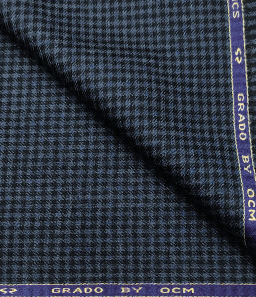 OCM Men's Wool Houndstooth Fine & Soft 2 Meter Unstitched Tweed Jacketing & Blazer Fabric (Dark Blue & Black)