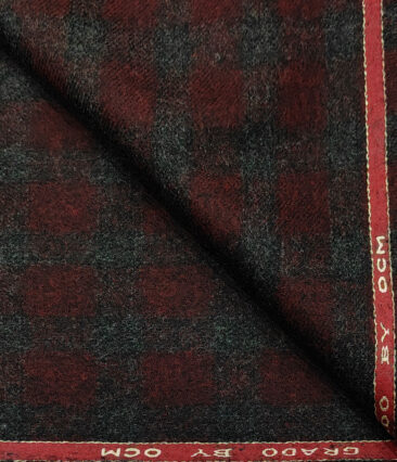 OCM Men's Wool Checks Thick & Soft 2 Meter Unstitched Tweed Jacketing & Blazer Fabric (Dark Maroon & Grey)