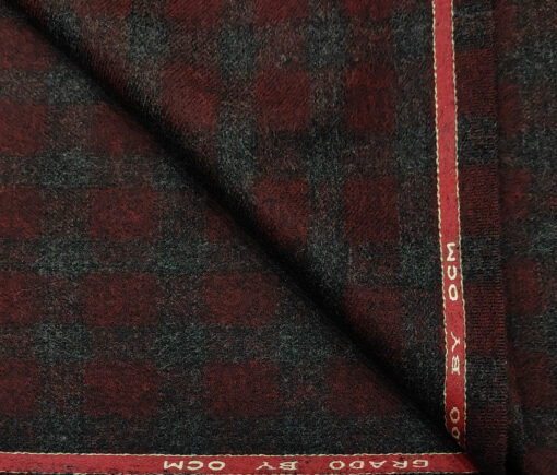 OCM Men's Wool Checks Thick & Soft 2 Meter Unstitched Tweed Jacketing & Blazer Fabric (Dark Maroon & Grey)