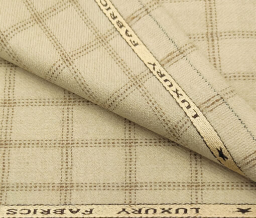 OCM Men's Wool Checks Thick & Soft 2 Meter Unstitched Tweed Jacketing & Blazer Fabric (Beige & Brown)