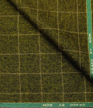 OCM Men's Wool Checks Fine & Soft 2 Meter Unstitched Tweed Jacketing & Blazer Fabric (Greenish Brown)