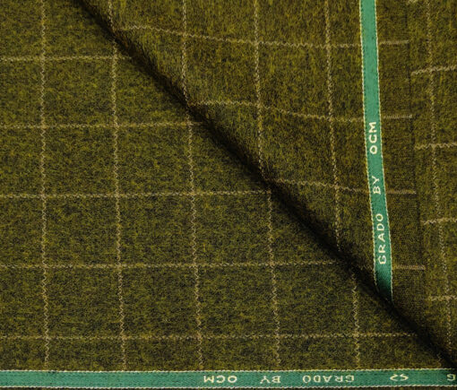 OCM Men's Wool Checks Fine & Soft 2 Meter Unstitched Tweed Jacketing & Blazer Fabric (Greenish Brown)