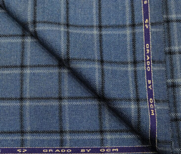 OCM Men's Wool Checks Medium & Soft 2 Meter Unstitched Tweed Jacketing & Blazer Fabric (Blue & Black)