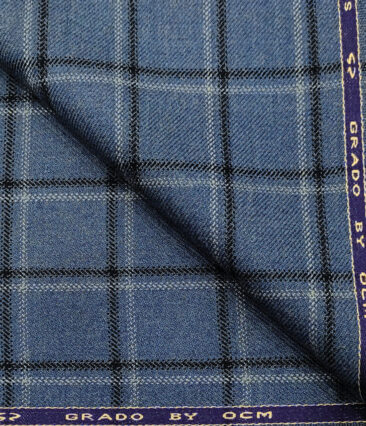 OCM Men's Wool Checks Medium & Soft 2 Meter Unstitched Tweed Jacketing & Blazer Fabric (Blue & Black)