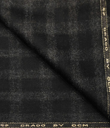 OCM Men's Wool Checks Medium & Soft 2 Meter Unstitched Tweed Jacketing & Blazer Fabric (Black & Grey)