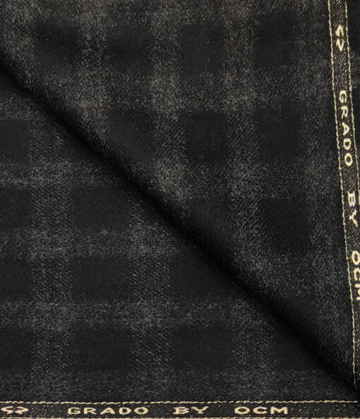 OCM Men's Wool Checks Medium & Soft 2 Meter Unstitched Tweed Jacketing & Blazer Fabric (Black & Grey)