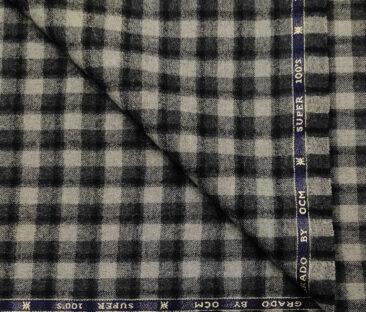 OCM Men's Wool Checks Count : Super 100's 2 Meter Unstitched Tweed Jacketing & Blazer Fabric (Light Grey & Black)