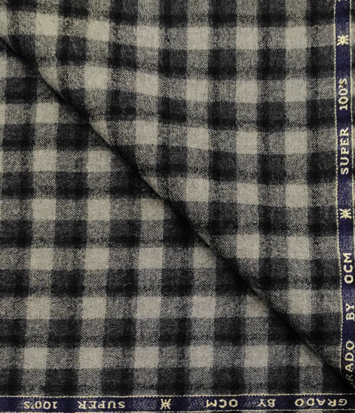 OCM Men's Wool Checks Count : Super 100's 2 Meter Unstitched Tweed Jacketing & Blazer Fabric (Light Grey & Black)