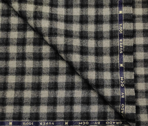 OCM Men's Wool Checks Count : Super 100's 2 Meter Unstitched Tweed Jacketing & Blazer Fabric (Light Grey & Black)