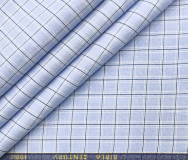 Birla Century Men's Cotton Checks 2 Meter Unstitched Shirting Fabric (Sky Blue)