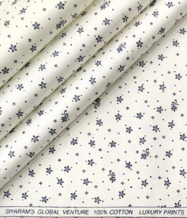 Cadini Men's Cotton Printed 2.25 Meter Unstitched Shirting Fabric (White & Blue)