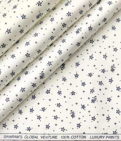 Cadini Men's Cotton Printed 2.25 Meter Unstitched Shirting Fabric (White & Blue)