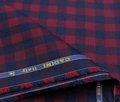 Cadini Men's Giza Cotton Checks 2 Meter Unstitched Shirting Fabric (Maroon & Blue)