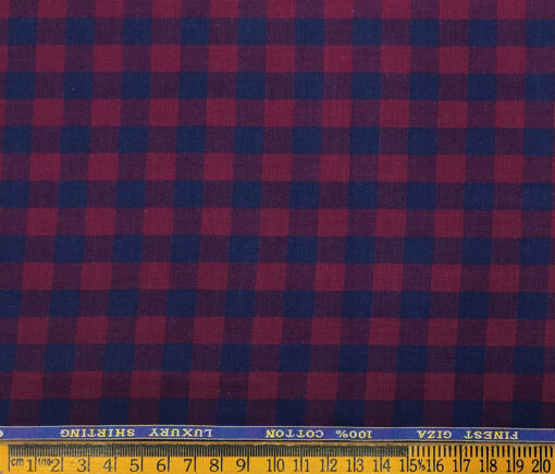 Cadini Men's Giza Cotton Checks 2 Meter Unstitched Shirting Fabric (Maroon & Blue)