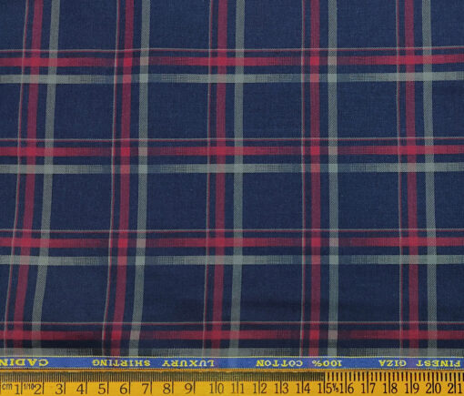 Cadini Men's Giza Cotton Checks 2 Meter Unstitched Shirting Fabric (Dark Blue)