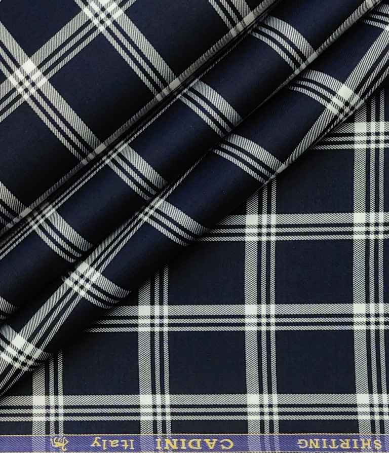 Cadini Men's Giza Cotton Checks 2 Meter Unstitched Shirting Fabric (Dark Navy)
