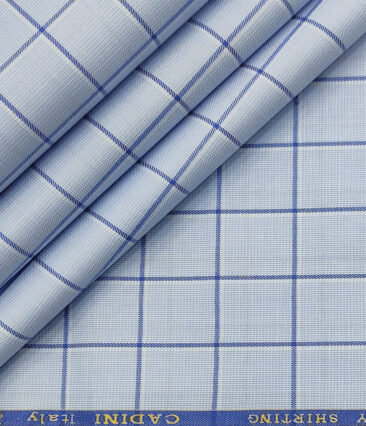 Cadini Men's Giza Cotton Checks 2 Meter Unstitched Shirting Fabric (Sky Blue)