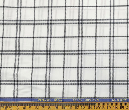 Cadini Men's Giza Cotton Checks 2 Meter Unstitched Shirting Fabric (White & Blue)