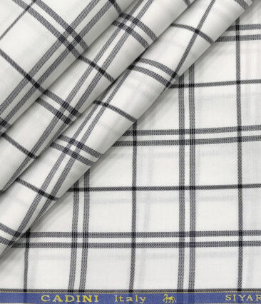 Cadini Men's Giza Cotton Checks 2 Meter Unstitched Shirting Fabric (White & Blue)