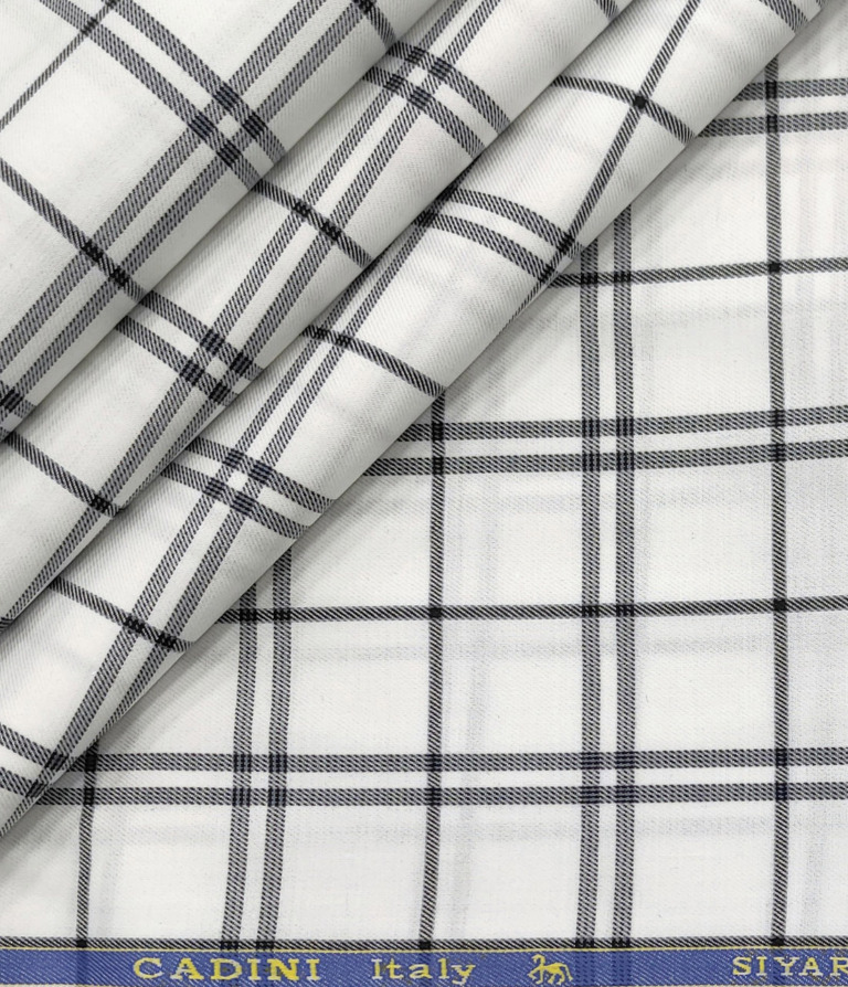 Cadini Men's Giza Cotton Checks 2 Meter Unstitched Shirting Fabric (White & Blue)