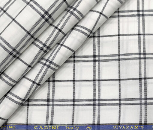 Cadini Men's Giza Cotton Checks 2 Meter Unstitched Shirting Fabric (White & Blue)
