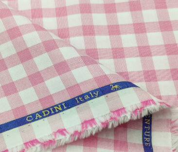 Cadini Men's Giza Cotton Checks 2 Meter Unstitched Shirting Fabric (White & Pink)
