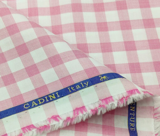 Cadini Men's Giza Cotton Checks 2 Meter Unstitched Shirting Fabric (White & Pink)