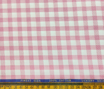 Cadini Men's Giza Cotton Checks 2 Meter Unstitched Shirting Fabric (White & Pink)