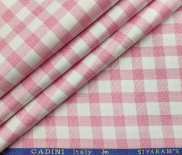 Cadini Men's Giza Cotton Checks 2 Meter Unstitched Shirting Fabric (White & Pink)