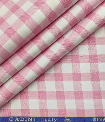Cadini Men's Giza Cotton Checks 2 Meter Unstitched Shirting Fabric (White & Pink)
