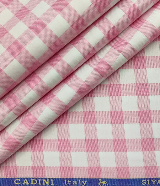 Cadini Men's Giza Cotton Checks 2 Meter Unstitched Shirting Fabric (White & Pink)