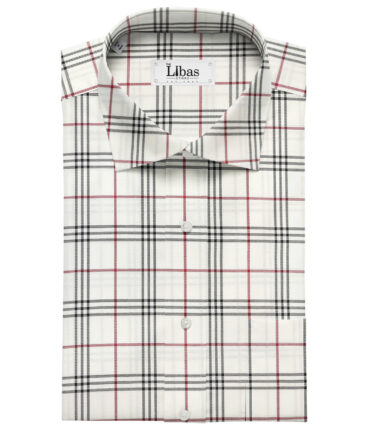 Cadini Men's Giza Cotton Checks 2 Meter Unstitched Shirting Fabric (White & Red)