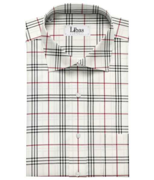 Cadini Men's Giza Cotton Checks 2 Meter Unstitched Shirting Fabric (White & Red)