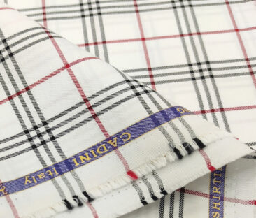 Cadini Men's Giza Cotton Checks 2 Meter Unstitched Shirting Fabric (White & Red)