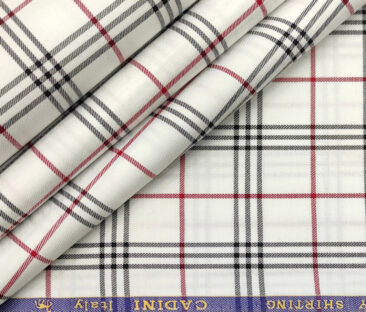 Cadini Men's Giza Cotton Checks 2 Meter Unstitched Shirting Fabric (White & Red)