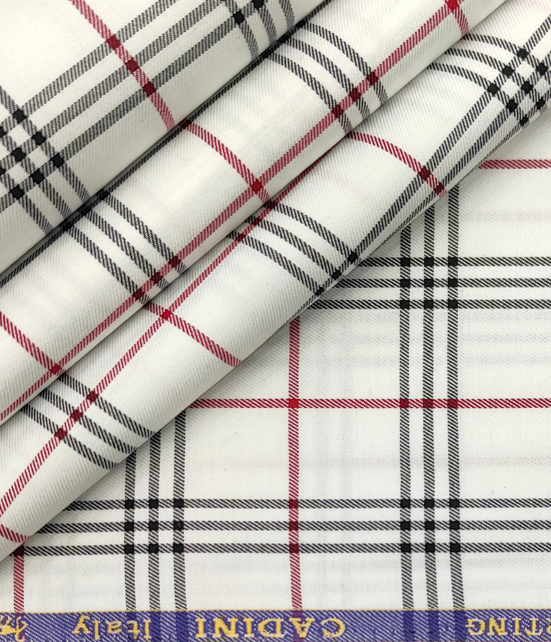 Cadini Men's Giza Cotton Checks 2 Meter Unstitched Shirting Fabric (White & Red)