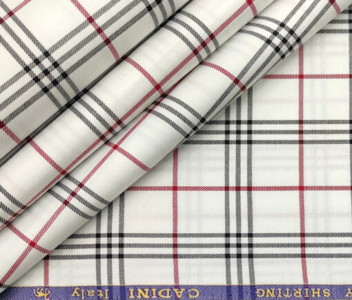 Cadini Men's Giza Cotton Checks 2 Meter Unstitched Shirting Fabric (White & Red)