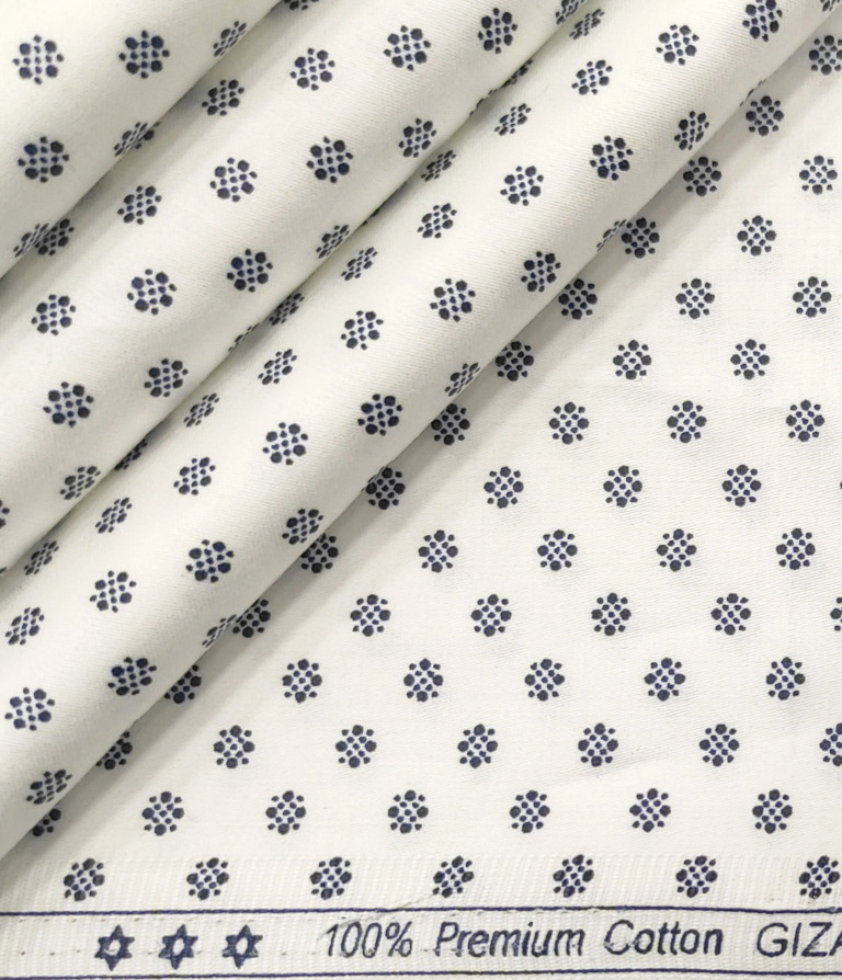 Exquisite Men's Cotton Printed 2.25 Meter Unstitched Shirting Fabric (White & Blue)