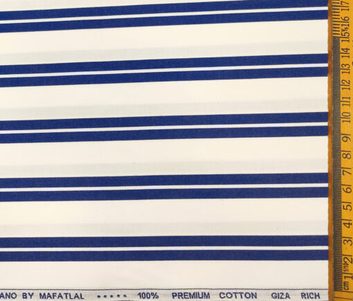 Mafatlal Men's Giza Cotton Striped 2 Meter Unstitched Shirting Fabric (White & Royal Blue)