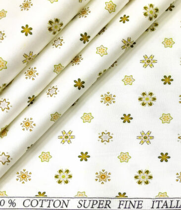 PEE GEE Men's Cotton Printed 2.25 Meter Unstitched Shirting Fabric (Milky White & Yellow)