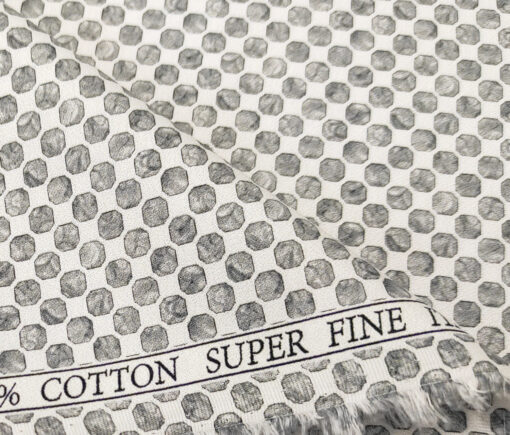 PEE GEE Men's Cotton Printed 2.25 Meter Unstitched Shirting Fabric (White & Grey)