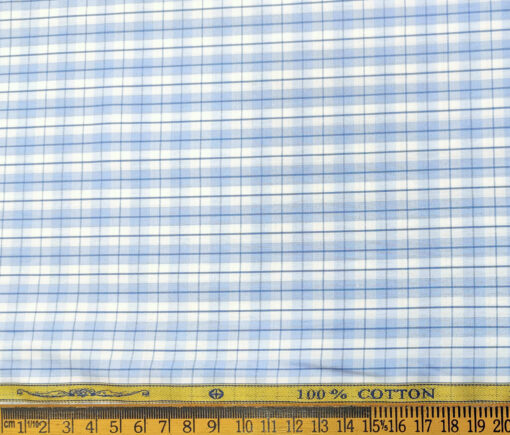 Soktas Men's Cotton Checks 2 Meter Unstitched Shirting Fabric (White & Blue)