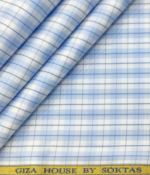 Soktas Men's Cotton Checks 2 Meter Unstitched Shirting Fabric (White & Blue)