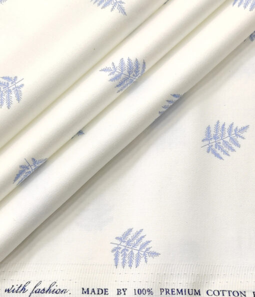 Solino Men's Cotton Printed 2.25 Meter Unstitched Shirting Fabric (White & Sky Blue)